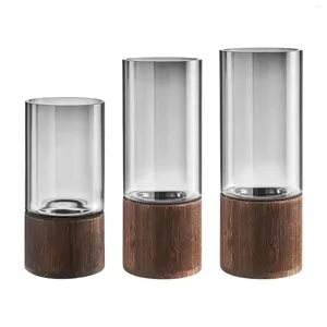 Vases Vase à fleurs en verre transparent avec base en bois, cylindre de décoration pour centres de table