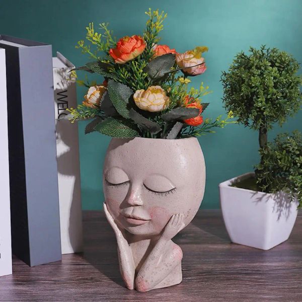 Vases Pot de fleurs Décoration Belle conception artistique Fine Hold Joues tenant la résine décorative intérieure extérieure plante visage planteur fournitures