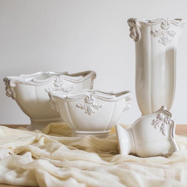 Vases French Classic Retro White Ceramic Vase Home Office Decoration Piédestal Flower Pot Crafts Mariage Party