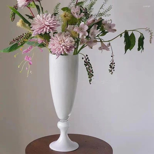 Jarrones de porcelana blanca media francesa, jarrón alto de cristal hecho a mano, lámpara de viento, aparato de flores, decoración suave Retro