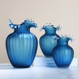 Vazen Mat Blauw Gestreept Gekleurd Glazuur Glazen Vaas Thuis Woonkamer Desktop Meubels Ornamenten
