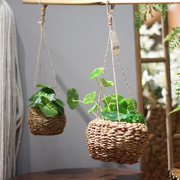 Jarrones para jardín, maceta colgante, cesta tejida de ratán, maceta hecha a mano, colgadores de plantas de paja, decoración del hogar