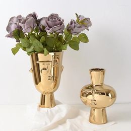 Vases Vase en céramique doré abstrait visage décoration hydroponique conteneur salon bibliothèque tête humaine pot de fleur ornement de la maison