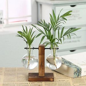 Vazen Glas Desktop Plant Thuis Bonsai Decoratie Container Hydrocultuur Vaas Retro Pot Transparant Houten Frame Bloem