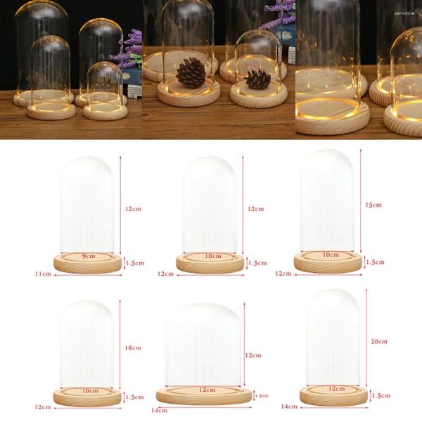 Vases en verre affichage dôme LED Base en bois décorative claire cloche cloche cloche pour cadeaux décor