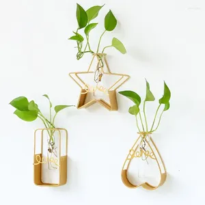 Vases en verre en verre avec support géométrique Golden Metal Sack Mur Crystal Crystal Transparent Planteur de tube à essai Plante