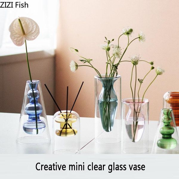 Jarrones florero de vidrio de doble capa pequeño Mini incienso flores secas maceta transparente flor hidropónica decoración nórdica del hogar