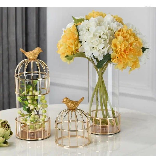 Vases en verre Vase Golden Birdcage Chandelle Metal Rack Rack Arrangement de fleurs Accessoires Bird Ordin MODER