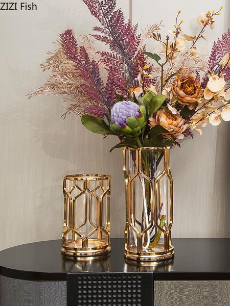 Vases Vase En Verre Support En Métal Doré Évider Géométrie Fleur Moderne Décoration De La Maison Accessoires Arrangement Hydroponique