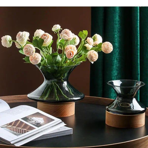 Vases Vase en verre transparent inclinable spin toupie base en bois géométrie moderne décoration de la maison arrangement de fleurs hydroponique
