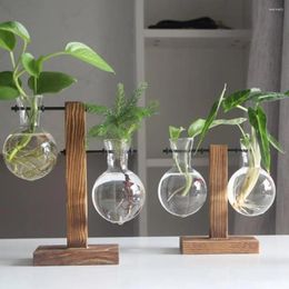 Vases en verre Vase Wood Planter Terrarium Desktop Hydroponics Bonsaï Plante de fleur Pottes suspendues avec plateau en bois Décor nordique