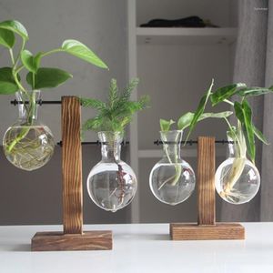 Vases Vase En Verre Jardinière En Bois Terrarium De Bureau Hydroponique Bonsaï Plante Pot De Fleur Pots Suspendus Avec Plateau En Bois Décor À La Maison Nordique