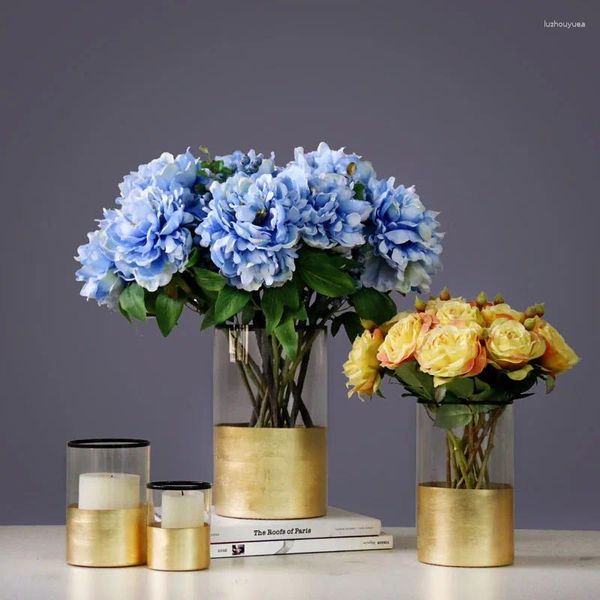 Jarrones candelero y jarrón de cristal dorado para flores, portavelas para terrario, decoración nórdica para habitación, escritorio, decoración de oficina