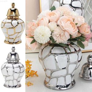 Vazen Goud Plaid Keramiek Algemeen Pot Art Opslagtank Porselein Pot Keramiek Vintage Bloem Goud Decoratieve Vaas Ornamenten Gember S5Z8 L230724