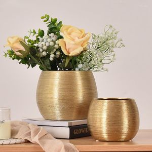 Jarrones de cerámica chapados en oro, florero cepillado, escritorio para sala de estar, maceta redonda suculenta, decoración sencilla y creativa para el hogar