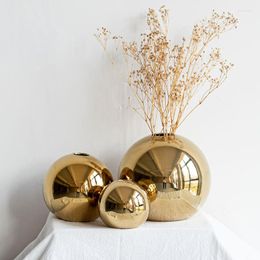 Jarrones Florero circular de cerámica chapado en oro Decoración de mesa para sala de estar Maceta para el hogar Arte Artesanía hidropónica