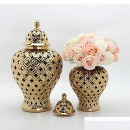 Vazen gouden holle algemene pot moderne gedroogde bloem vaas keramische gemberopslag woning decoratie arrangement accessoires drop levering dhwng