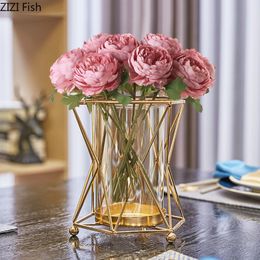 Vazen gouden vaas metalen bloemen pot bloemen bloem arrangement vergulde legering glazen vazen ​​bureau decoratie moderne luxueuze woning decor 2305222222