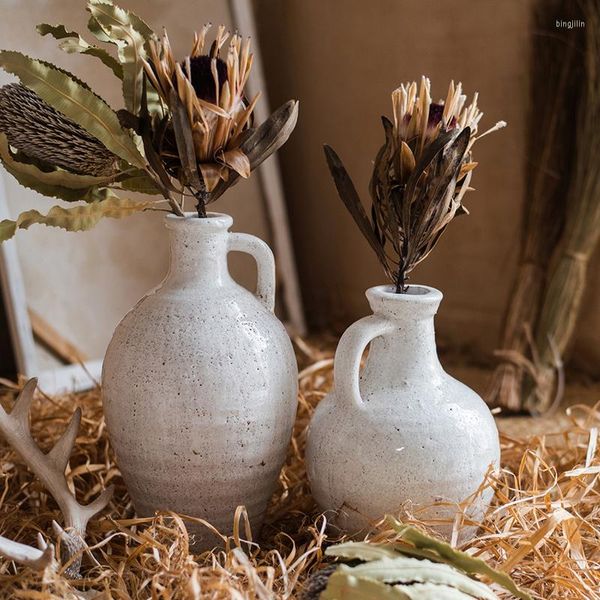 Vases Gracked Glaze Vintage Blanc Porcelaine Céramique Vase Petite Bouche Fleur Ware Pot À La Main Art Décoration Navire Ornements