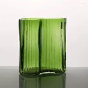 Vases Vase de cylindre en verre à rayures verticales vertes pour la décoration de la maison soufflée à la main de table de fleur