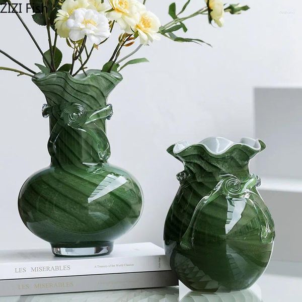 Vases Vase en verre à Texture ondulée verte, Pots de fleurs hydroponiques, décoration de bureau, arrangement de fleurs, décor esthétique de salle florale