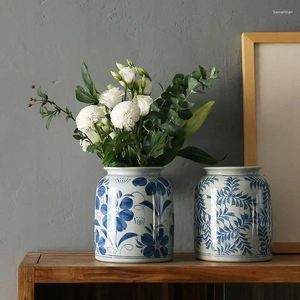 Vazen handgeschilderde blauwe en witte porselein bloem intercalatie Chinese stijl aardewerk potten arrangement decoratie retro