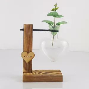 Vases en forme de coeur Cadre en bois Vase en bois Stand Transparent Verre épaissie de fleur hydroponique épaissie