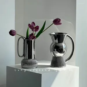 Jarrones Florero galvanizado de plata de alta calidad, decoración, maceta de cerámica, hogar moderno