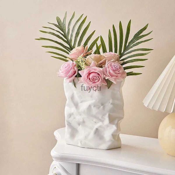 Vases Maison artisanat décor Vase nordique froissé papier sac Vase Pot de fleur Vase fleurs Art décor insérer bureau ornements meilleur cadeau YQ240117