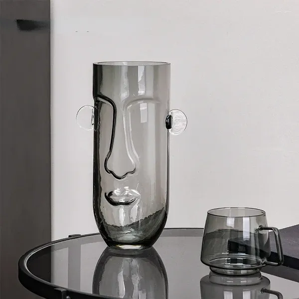 Vases Accueil Creative Double Oreille 3D Visage Relief Vase Verre Décoration Designer Doux