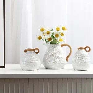 Vases décorations de maison rétro rustique 3d fleurs vase en bouteille en céramique avec poignée arrangement de fleurs contenant un ornement de table de salon