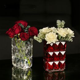 Vases Maison Rouge De Luxe Géométrie Hydroponique Verre Transparent Petit Vase Salon Doux Décoration Fleur Ornements 230701