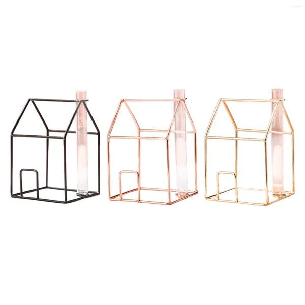 Vases Vase en verre de forme de maison avec support en métal fleur de plante hydroponique pour jardin de maison Weddin