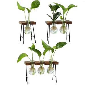 Vases Vase de fleur hydroponique Vase de verre Bud Plante Terrarium décoratif avec support en bois pour salon maison table à manger