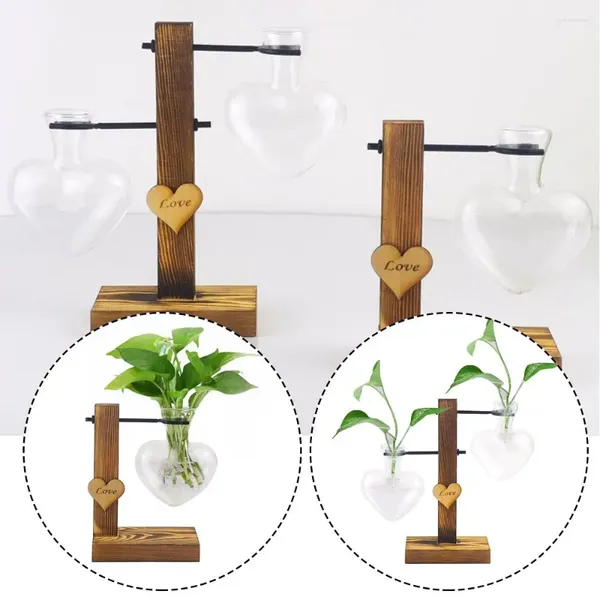 Vases hydroponiques Vase de vase en bois Pot Love Coeur Forme en verre transparent Plant plan de table Decoration Home