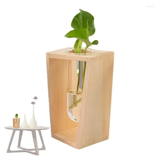 Jarrones hidropónicos para plantas plantadores vivos tubos de vidrio con soporte de madera Terrario de aire Flower Hogar