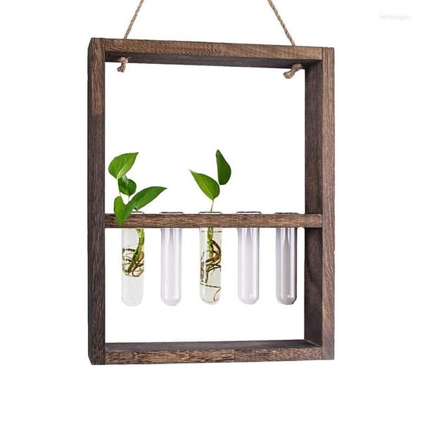 Vases Tubes à essai en verre hydroponique avec 5 tubes support en bois porte-fleurs cintre tenture murale maison jardin décoration de mariage