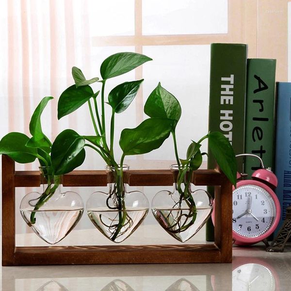 Vases Vase en verre hydroponique rétro bureau plante conteneur pot de fleur avec support en bois décoration de jardin à la maison