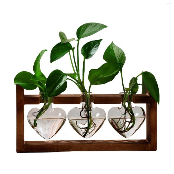 Vases Vase en verre hydroponique Vintage bureau plante Terrarium planteur avec support en bois rétro décor de jardin à la maison