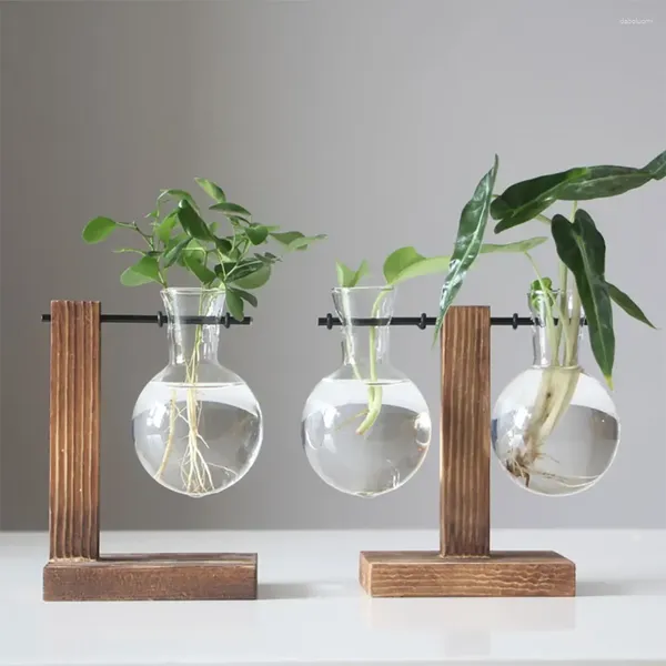 Jarrones Vasos de vidrio de planta hidropónica con soporte de madera Vintage Bonsai Flower maceta Cafetería Cafetería Decoración del hogar