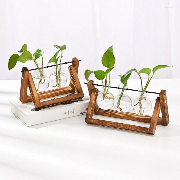 Jarrones Hidroponic Vase con planta hidropónica con soporte de madera retro de escritorio de terrario