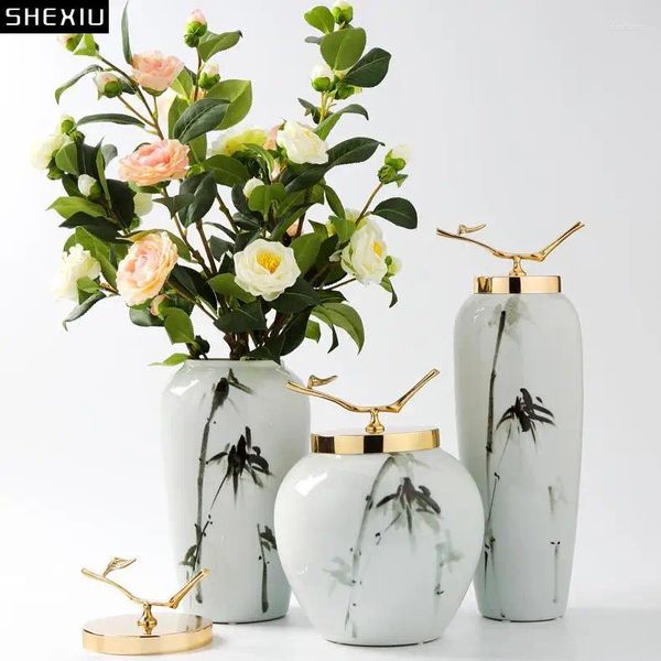 Vases à encre peinture en céramique Vase avec couvercle de salon en métal décoration décoration de bocal de rangement moderne arrangement de fleurs