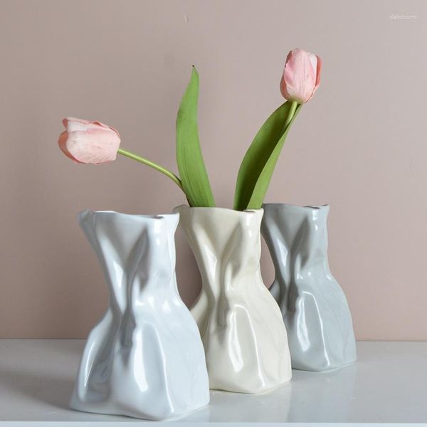 Vases Ins crème vent haut niveau d'apparence créative Origami plis irréguliers Vase en céramique salon Table ensemble décoration cadeau