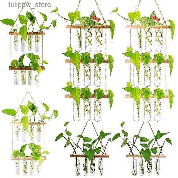 Vases Ins Vase de bourgeon de fleur en verre suspendu au mur avec support de tube à essai en bois pour la propagation du conteneur de Terrarium de planteur de plante hydroponique L240309