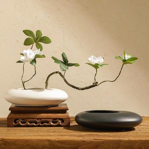 Jarrones Zen japonés creativo FFat jarrón ovalado juego de arte de flores salón de té decoración suave adornos jarrones