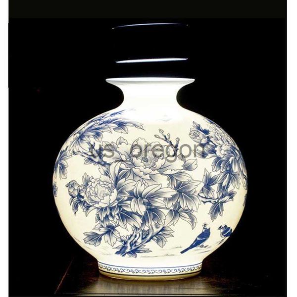 Vases Jingdezhen Céramique Nouveau Vase De Fleur De Pivoine Chinois Ornements En Porcelaine Bleu Et Blanc Lliving Room Fine Bone China Vase Décoration x0630