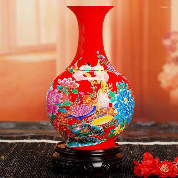 Jarrones Jingdezhen Cerámica Chino Rojo Florero Lotus Pintura Dorada Regalos de Boda Sala de Estar Hogar Artesanía Adornos