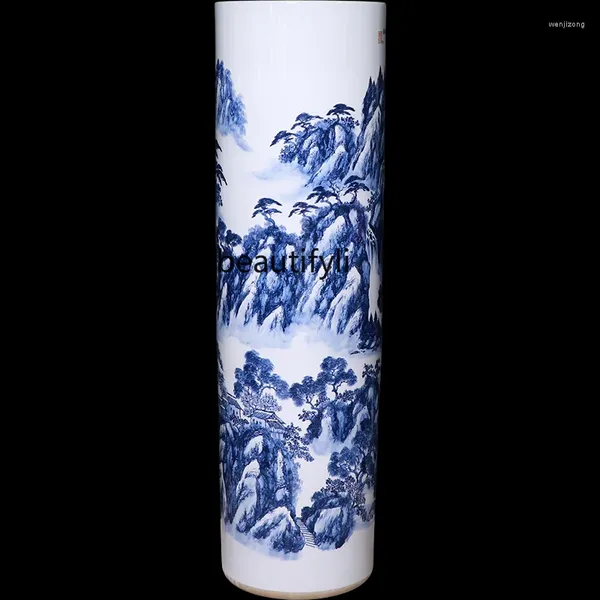 Jarrones Jingdezhen Cerámica Florero Grande PINTADO DE AZUL A Mano Y Piso De Porcelana Blanca Gran Pierna Recta Sala De Estar Decoraciones De La Casa