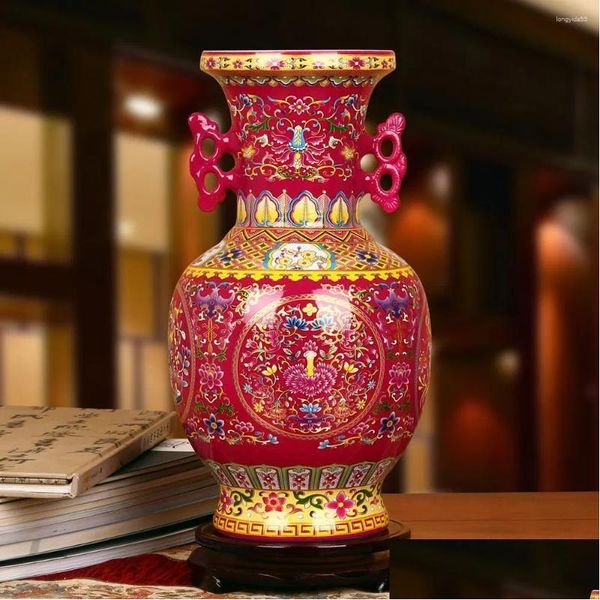 Vases Jingdezhen Ceramics Vase Vase Crystal Glaze de haute qualité Rose et oreilles rouges Lotus Flower Modern Chinois Decoration Momen