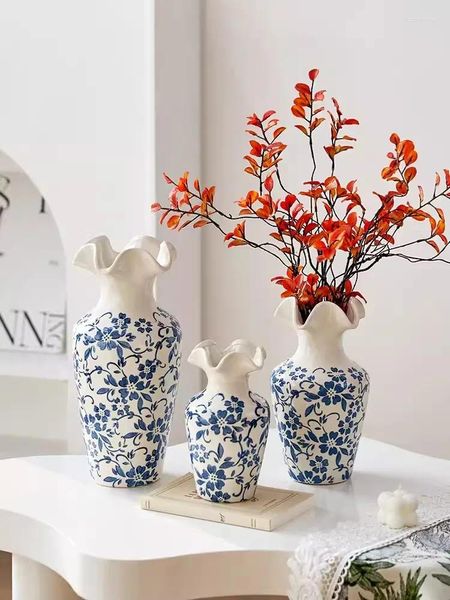 Jarrones Jingdezhen Jarrón chino Cerámica Azul y Blanco Porcelana Decoración Sala de estar Arreglo de flores acuáticas Té retro